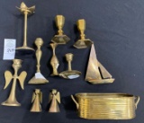 Antique brass candleholders, boat, angels and pan