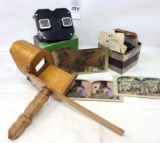 Two Sawyers View masters w/reels, 1 wood stereoscope