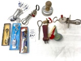 Antique child size mixers, measuring spoons, biscuit cutter, opener and collector spoon?s
