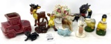Antique ceramic donkey salt and pepper shakers, ducks (Japan), Enesco deer, Shawnee planter and misc