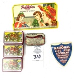 Vintage traveler needle book, Christmas tins, Watkins tin, and national life paper needle holder