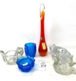 Vintage blue hobnob Fenton dish, clear animal candleholders, mid century hand blown orange vase