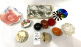 Royal Copley dish, paper weights, color wheels, crystal ornaments, and more