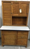 Antique oak Hoosier cabinet tambour door, enamel top