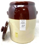 Brown and white crock with handles/lid