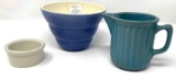 Crock pitcher, butter crock, and blue crock bowl