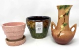 Roseville handled vase, McCoy planter and misc planter