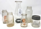 Antique milk jars, Kerr jar with lid, glass chimney