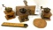 Three miniature coffee grinders, plane, ruler, and Chicago worlds fair token