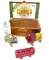 Pig and lion cast iron bank, cast circus train car and Canones cigarbox