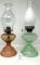 Pink and green depression base oil lamps
