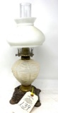 Antique satin glass beaded drape gas lamp with cast base