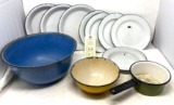 Enamel ware plates bowls and sauce pan