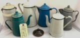 Enamelware coffee pots, jug and brown lid