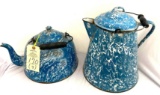 Blue and white enamel ware teapot and pitcher