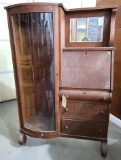 Walnut drop front secretary w/curved glass side cabinet