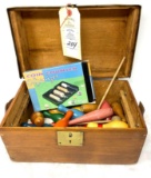 Wooden box with bowling pins and coin counter organizer