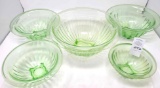 Five pcs vintage green glass nest of bowls