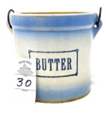 Handled blue and white butter crock