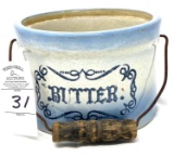 Handled blue and white butter crock