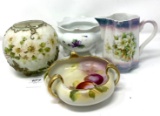 Nippon candy dish, pitcher, and painted bowl and globe