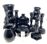Black amethyst vases, candleholders, candy dishes