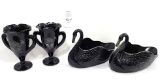 Two black amethyst swans, 2 handled goblets