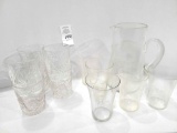 Six cut glass tumblers, glass pitcher and glass set