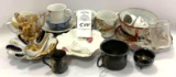 Handpainted small cups, plates, and metal jug and cup