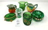 Hand painted pitchers and green glass candy dishes and misc