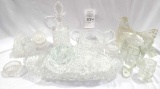 Misc cut and pressed glass, salters, vinegar cruet, 2 candy animal dispensers