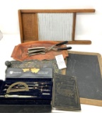 Drafting set, chalkboard, hair curler, wash board and more