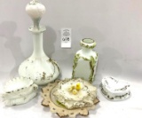 Victorian milk glass decanter, plates, and misc
