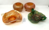 Amber and Green Carnival glass candy dishes and votives