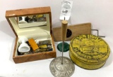 Note holders, monarch tin, wooden jewelry box and misc