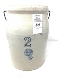 2 gal Buckeye Pottery Blue Ribbon Brand crock with handle