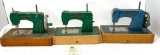 Three vintage Kay an EE Sew master child?s size crank sewing machines