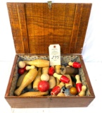 Vintage wooden bowling pins in wooden box