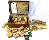 Vintage wooden box with blocks and paper puzzle