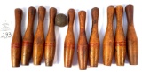Vintage wooden bowling pins and ball