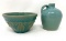 Antique teal/seafoam green crock bowl and jug