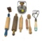 Antique wooden kitchen items blue and yellow handled