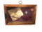 Antique wooden shadow box with pen, glasses and letter
