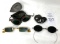 Antique safety goggles in a metal case, two pair of vintage sunglasses and eye Ioop