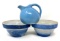 Two antique blue and white crock bowls and creamer