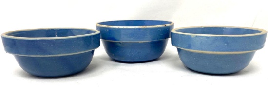 Three antique blue crock bowls