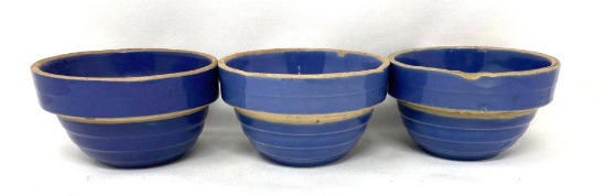 Three antique USA blue crock bowls