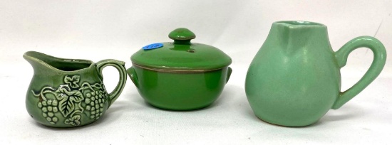 Vintage green Niloak creamer, 1/4 c pitcher, and green ceramic pot