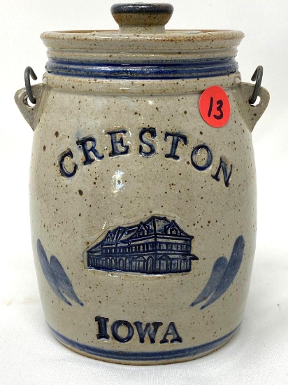 Creston Iowa crock with handle and lid