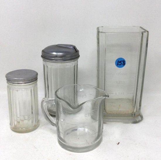 Vintage kitchen clear glass items - sugar, salt, measuring cup
